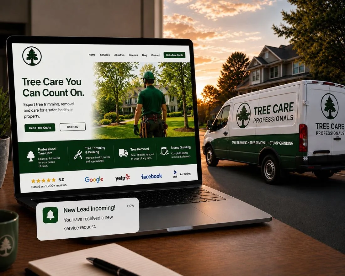 An image of a tree service website next to a tree service truck