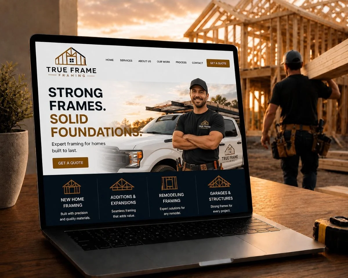 An image of a framing website next to a home being framed