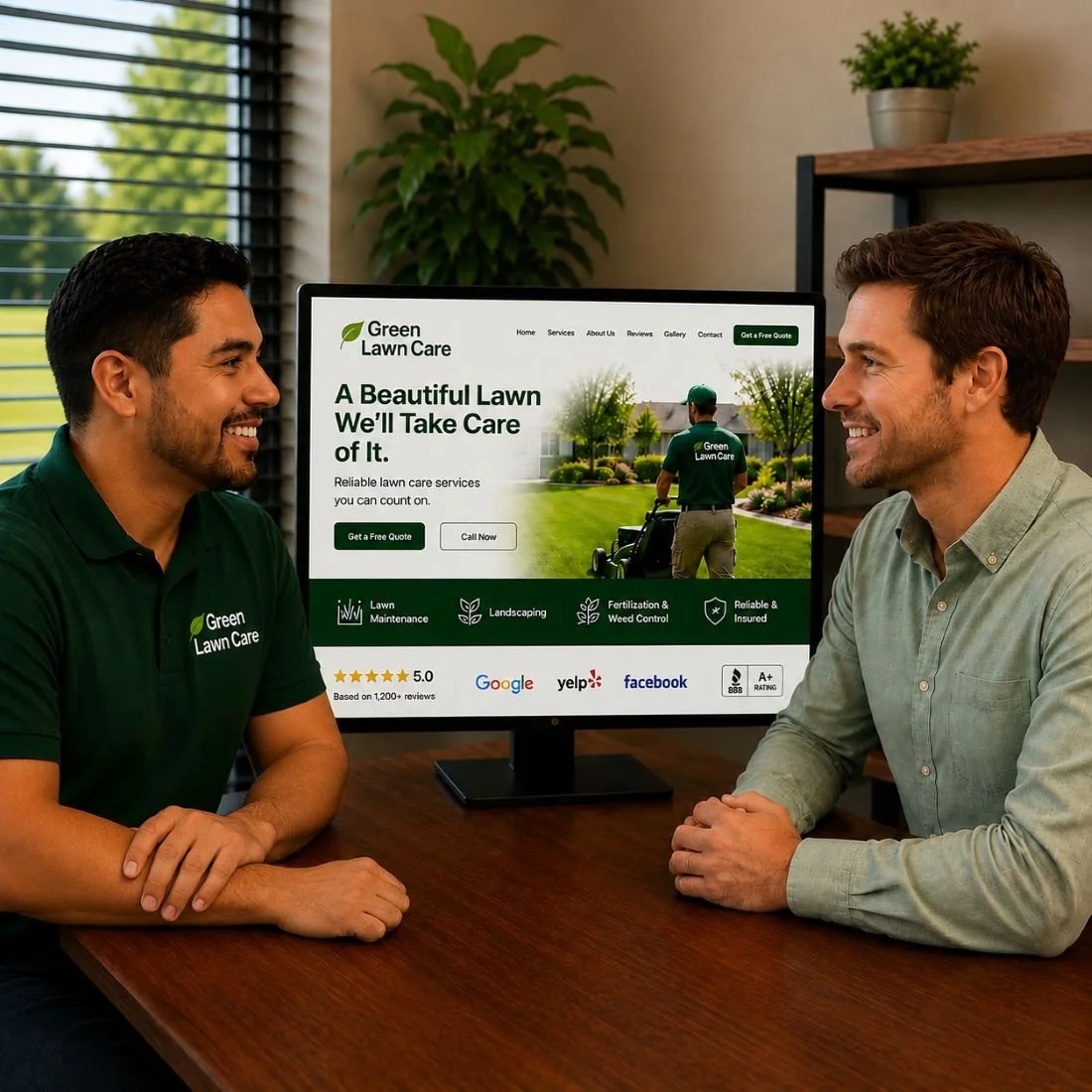 An image of a marketing meeting between a marketing company and a lawn care business owner