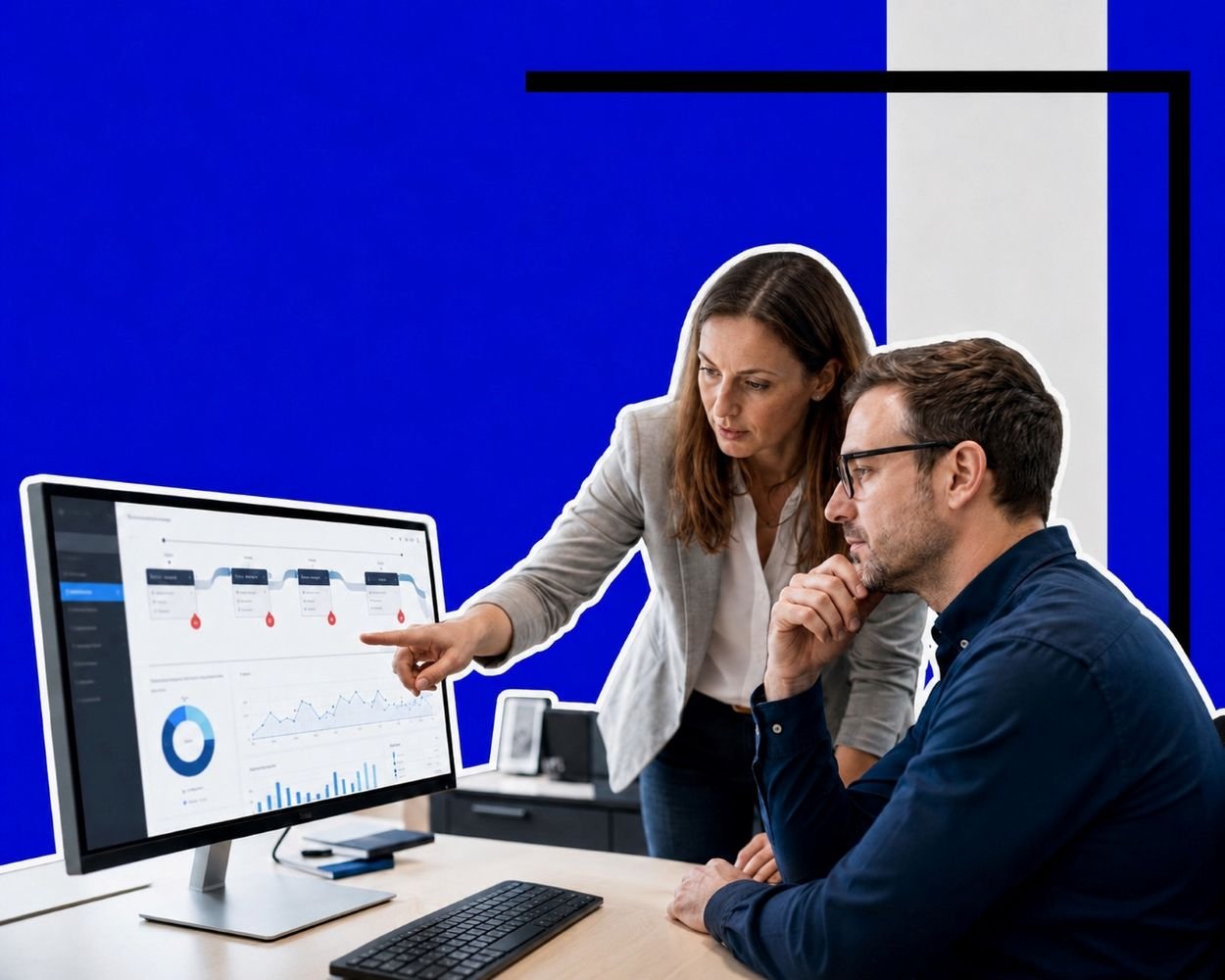 An image showing two people discussing something that they are seeing on a computer screen