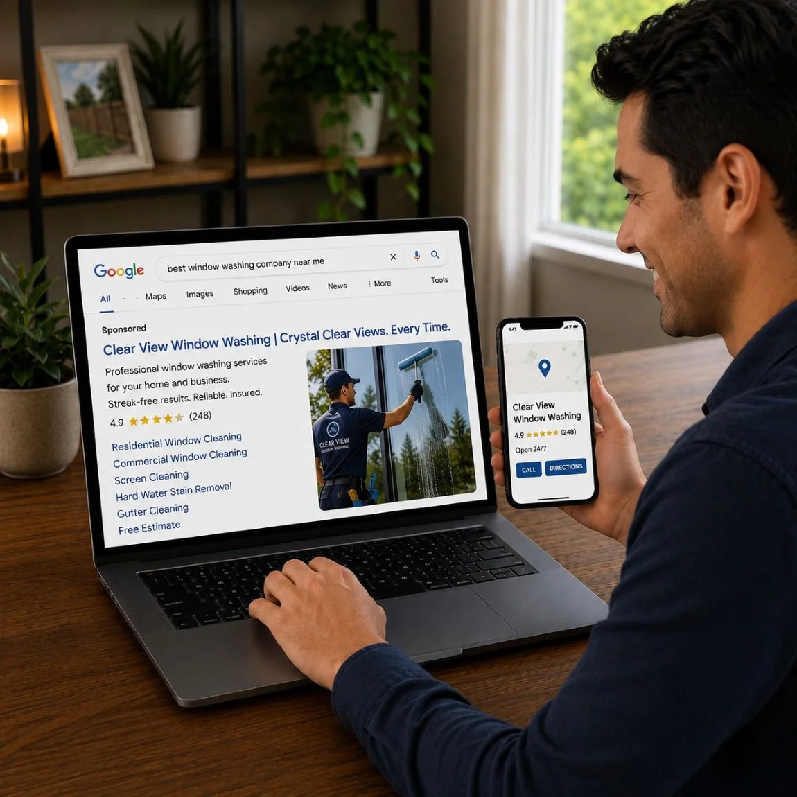 Image of a customer shopping for a window washing company