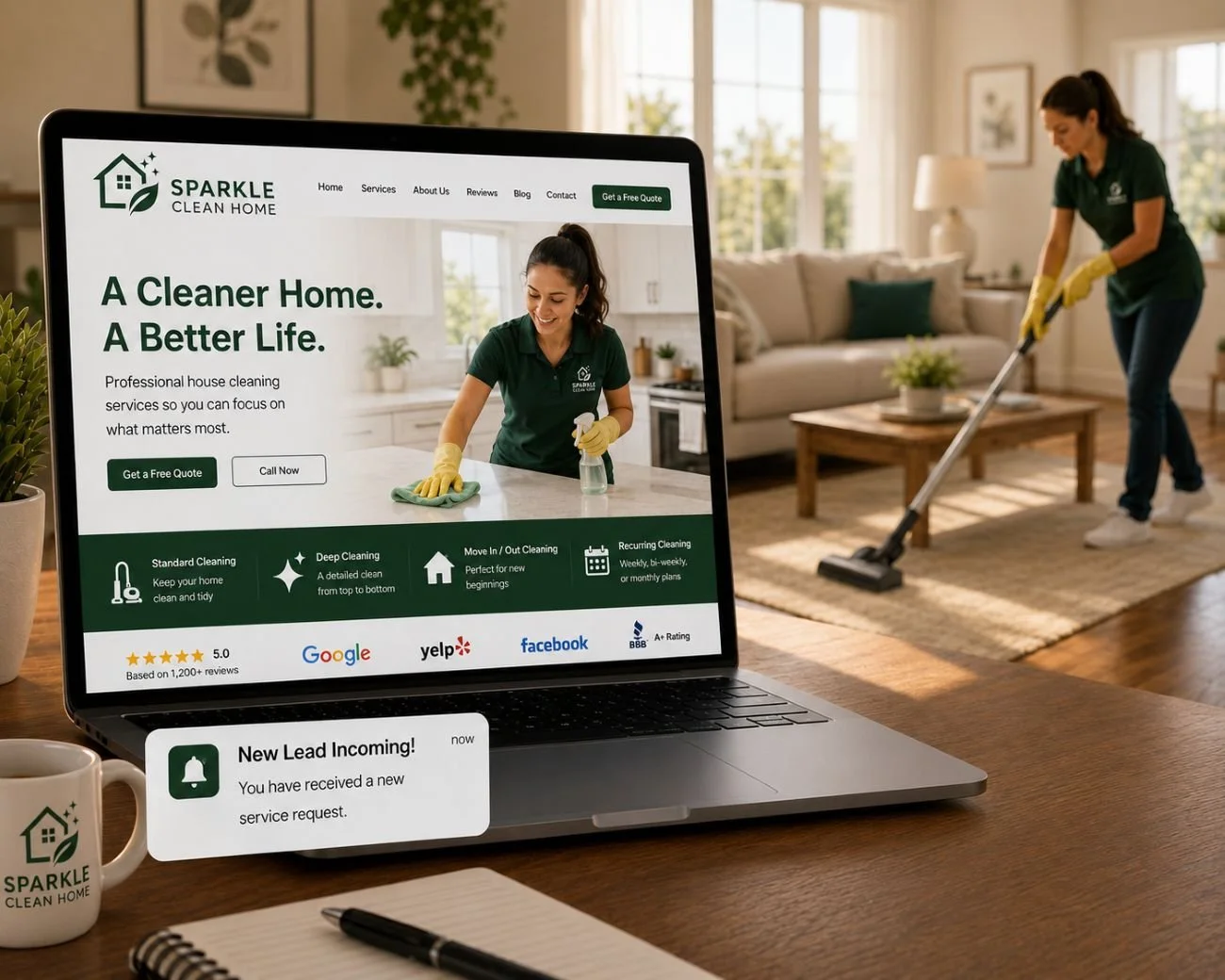 An image of a cleaning website next to a cleaning truck