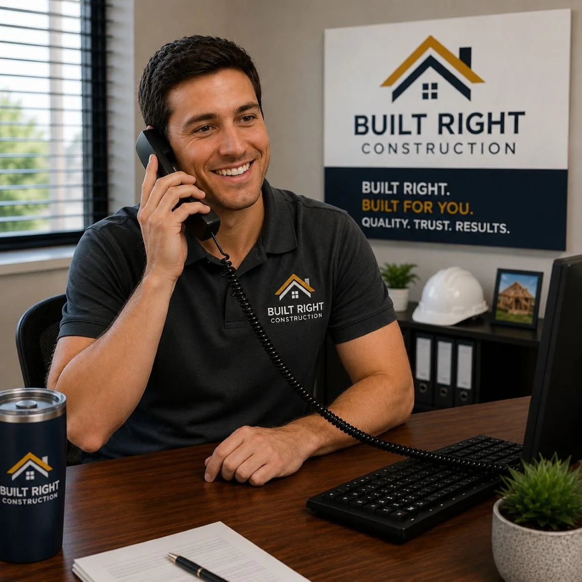 Image of a receptionist for a construction company responding to a lead
