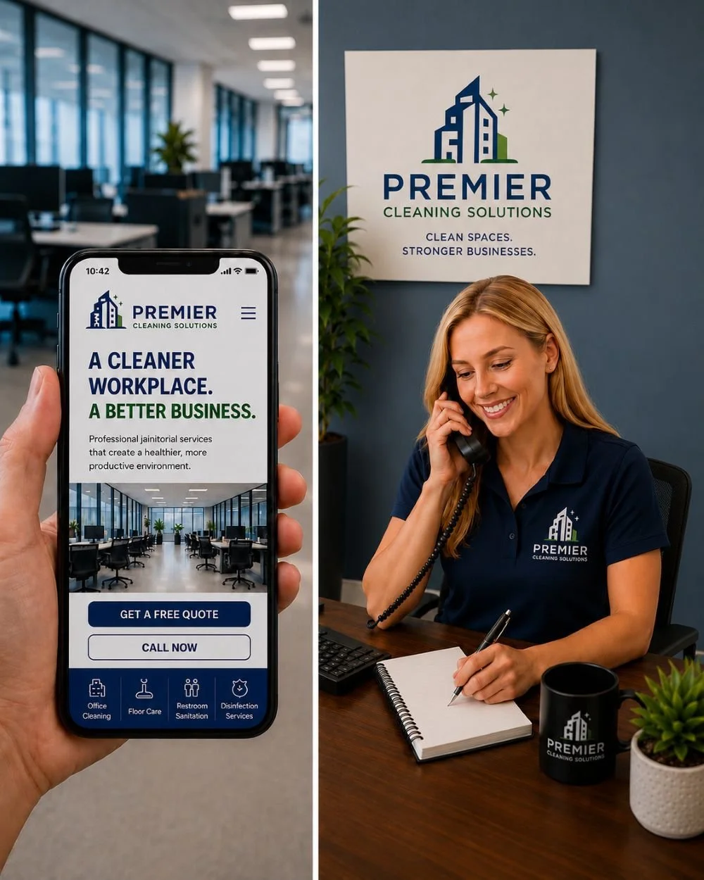 Image of a receptionist for a janitorial company answering the phone