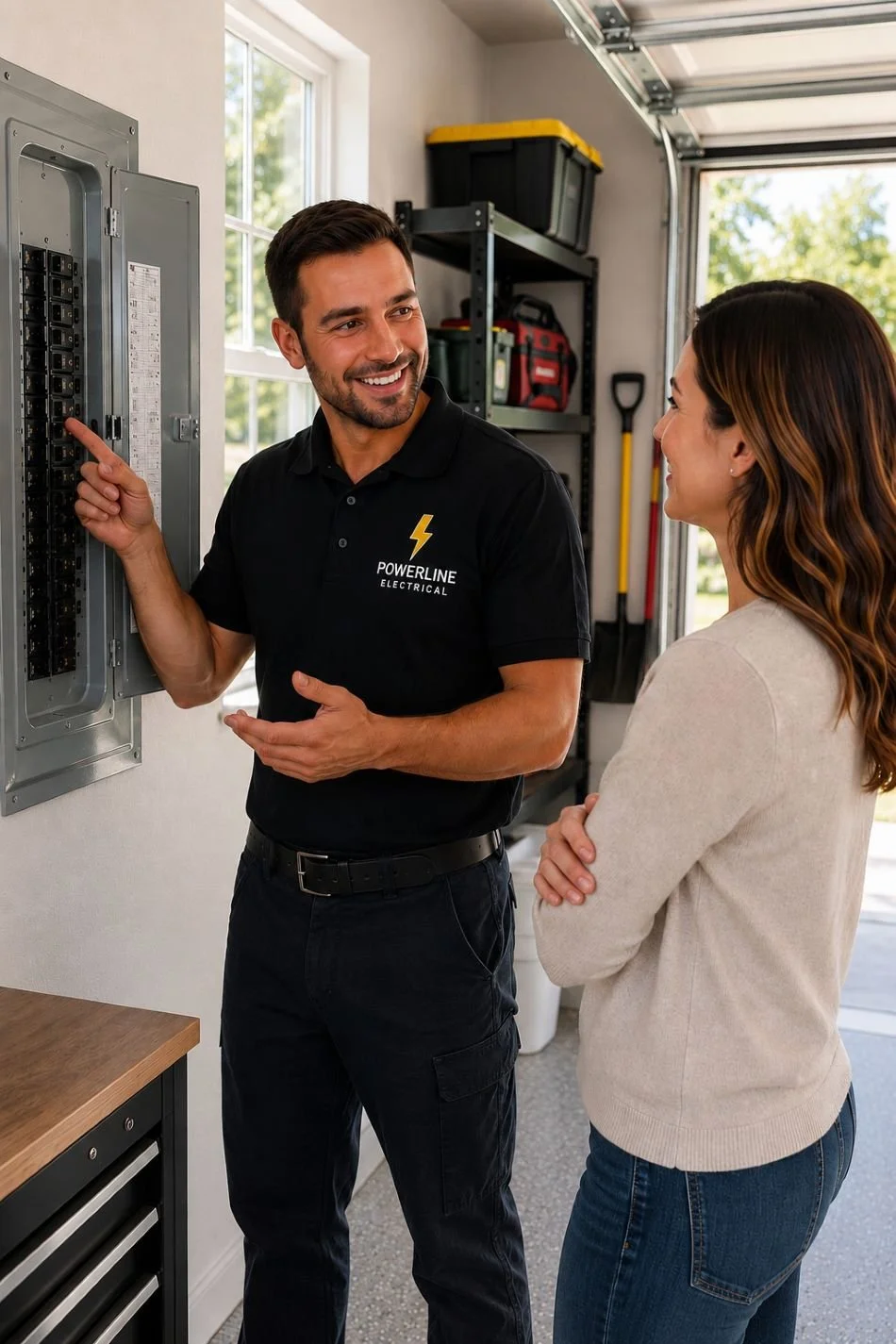 An image of an electrician helping a happy customer
