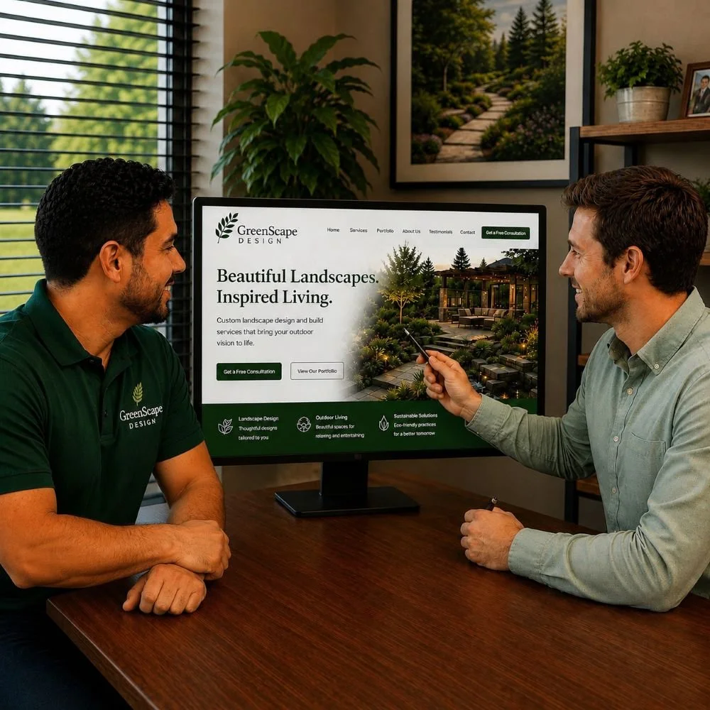 An image of a marketing meeting between a marketing company and a landscape business owner