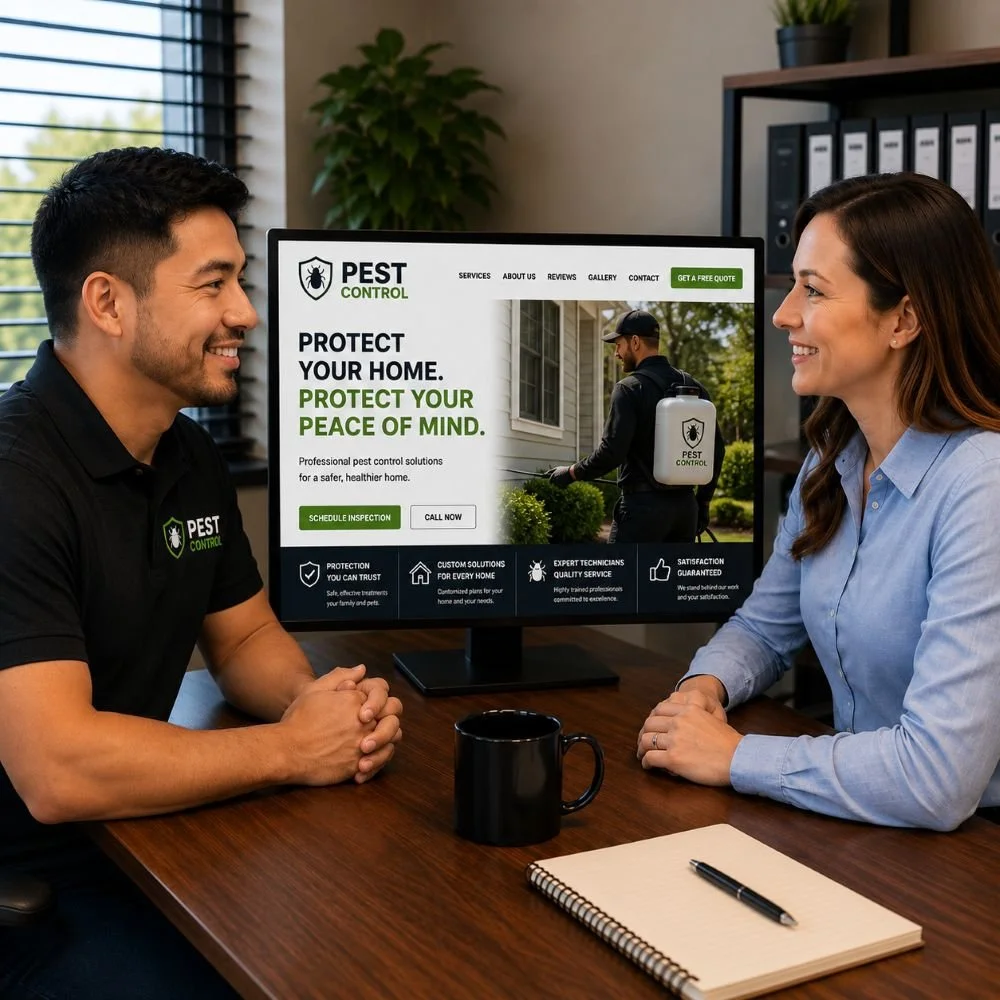 An image of a marketing meeting between a marketing company and a pest control business owner
