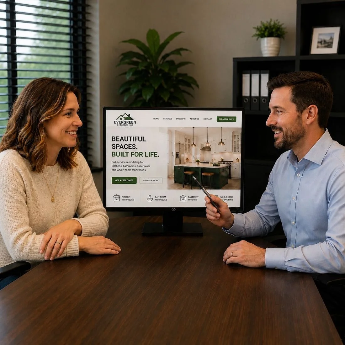An image of a marketing meeting between a marketing company and a home remodeling business owner
