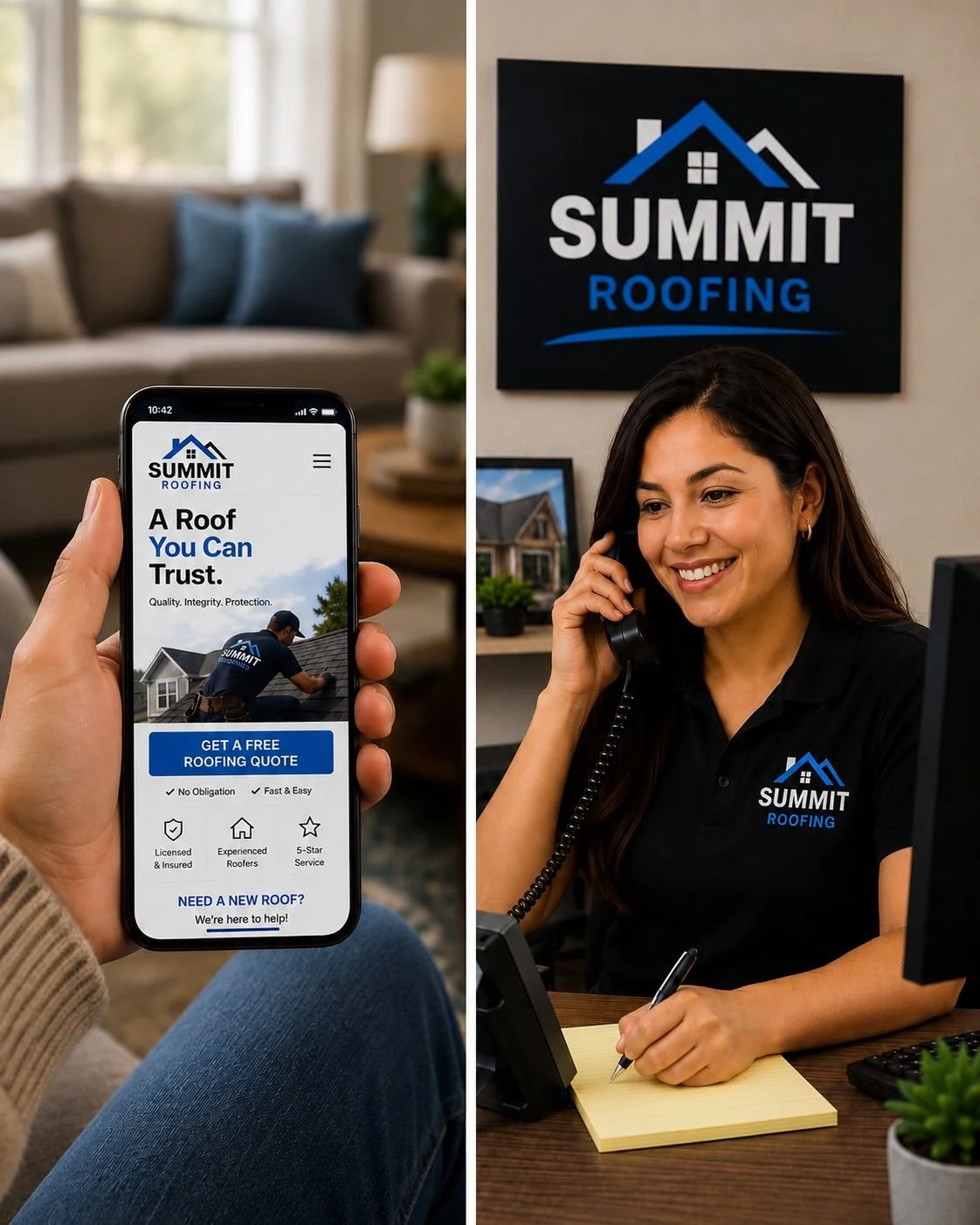 An image of a roofing receptionist answering a customer