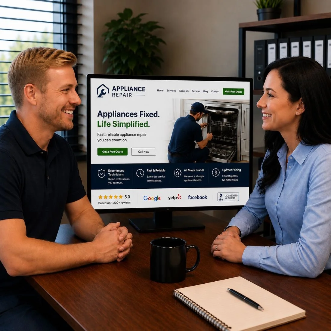 An image of a marketing meeting between a marketing company and an appliance repair business owner