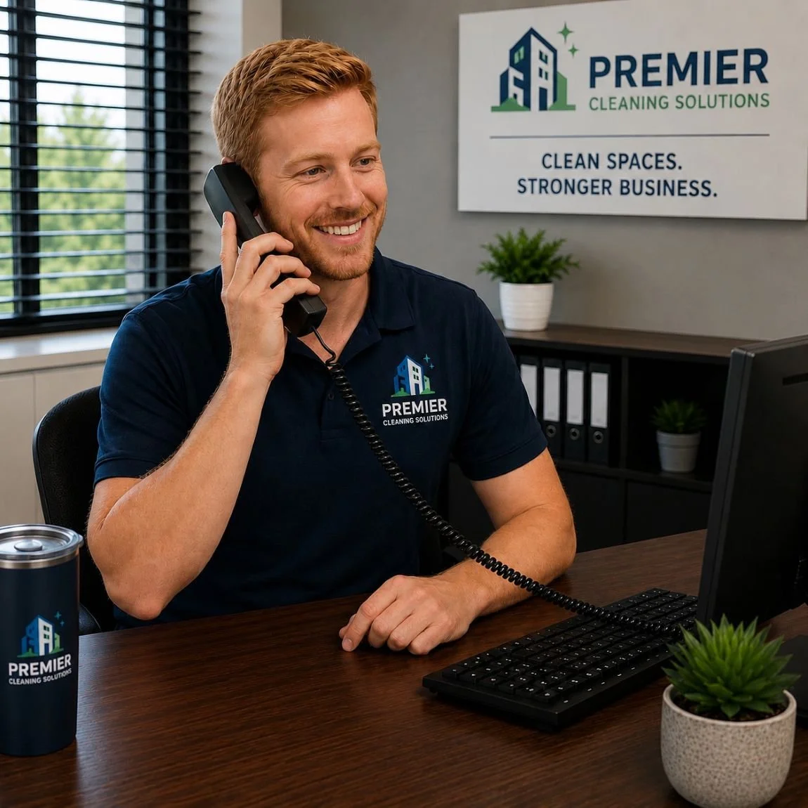 Image of a receptionist for a janitorial company answering the phone