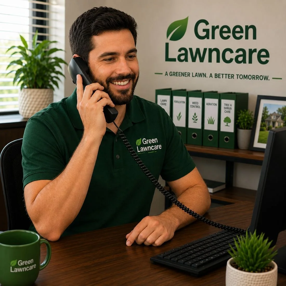 Image of a receptionist for a lawn care company answering the phone