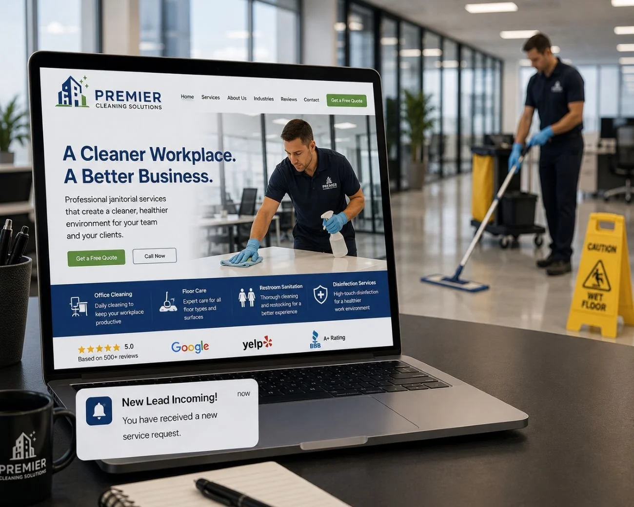 An image of a janitorial website next to a janitor
