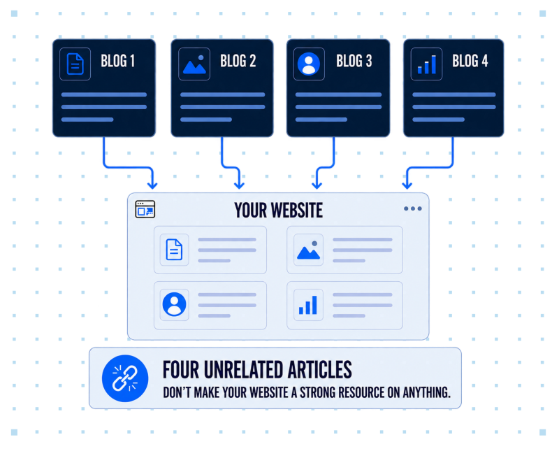 A graphic showing four different blogs going into a blogging strategy
