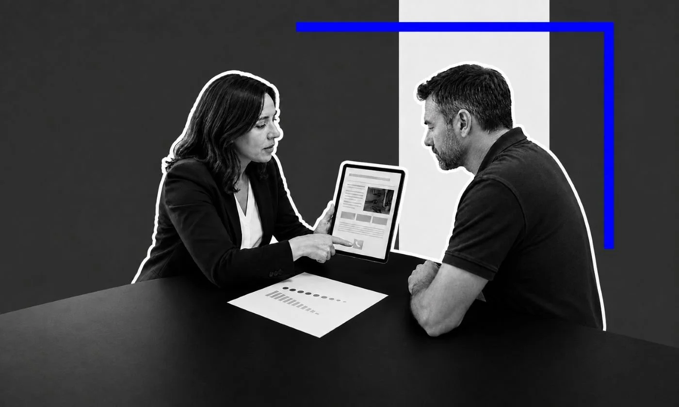 An image of two people in a meeting discussing something on a tablet