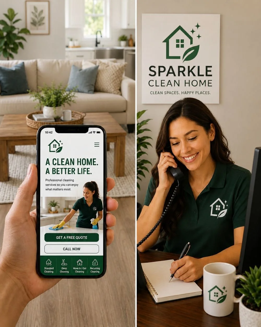Image of a receptionist for a cleaning company answering the phone