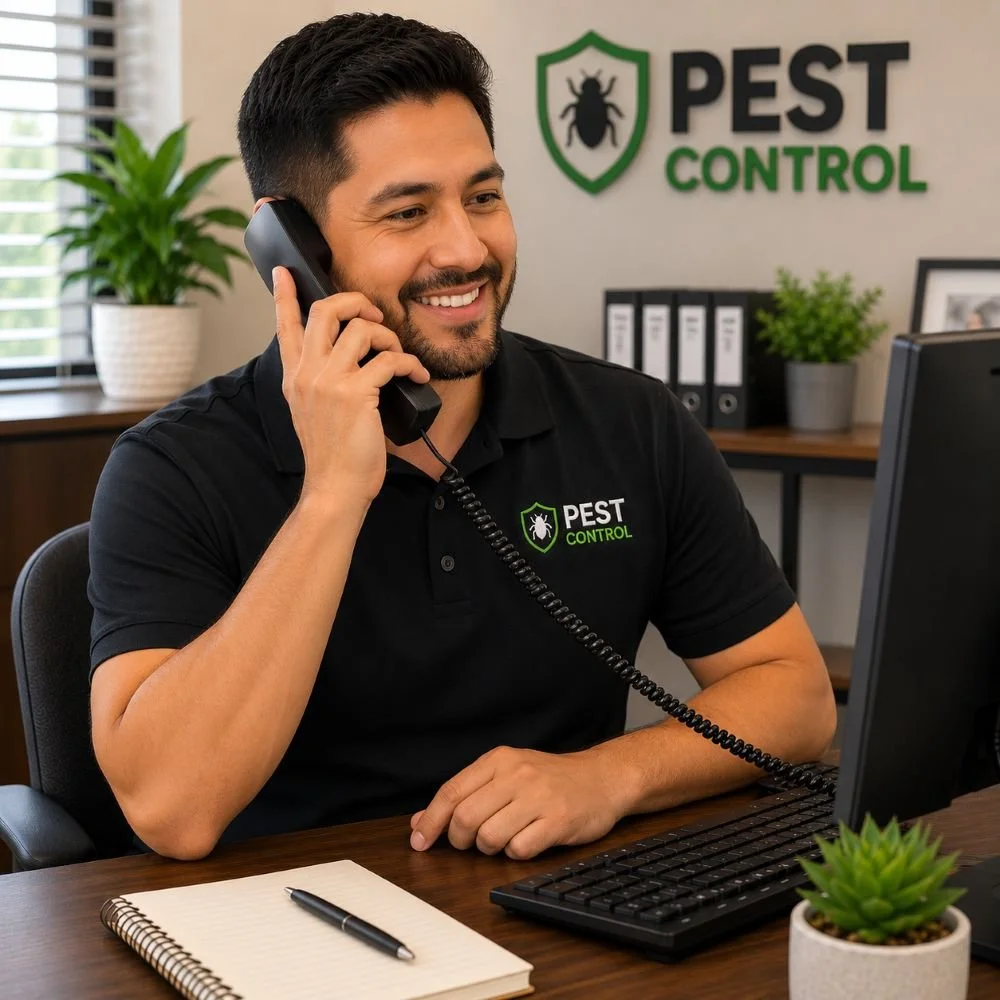 Image of a receptionist for a pest control company answering the phone
