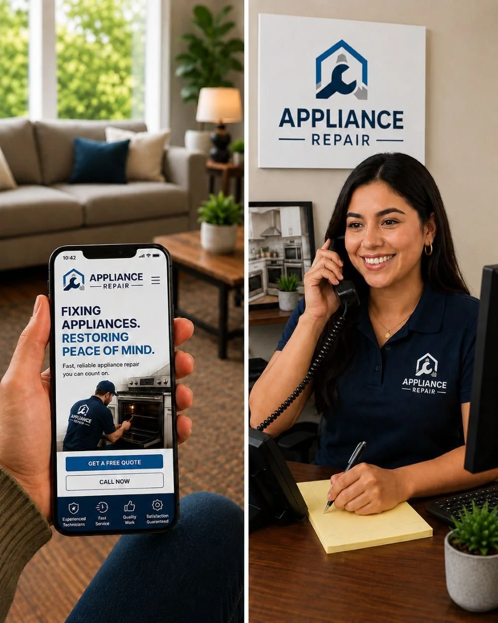 Image of a receptionist for an appliance repair company answering the phone