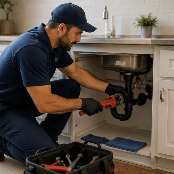 Image of a plumber fixing a sink