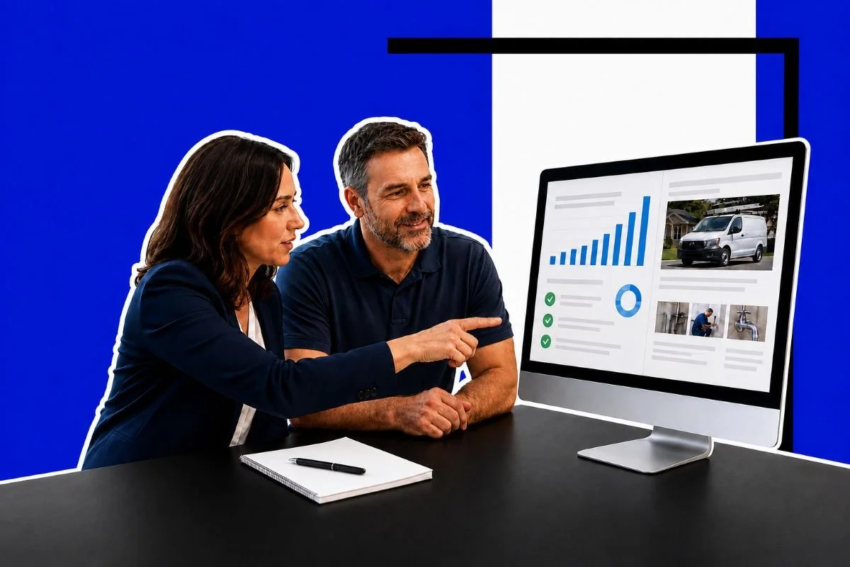An image of two people in a meeting discussing a website