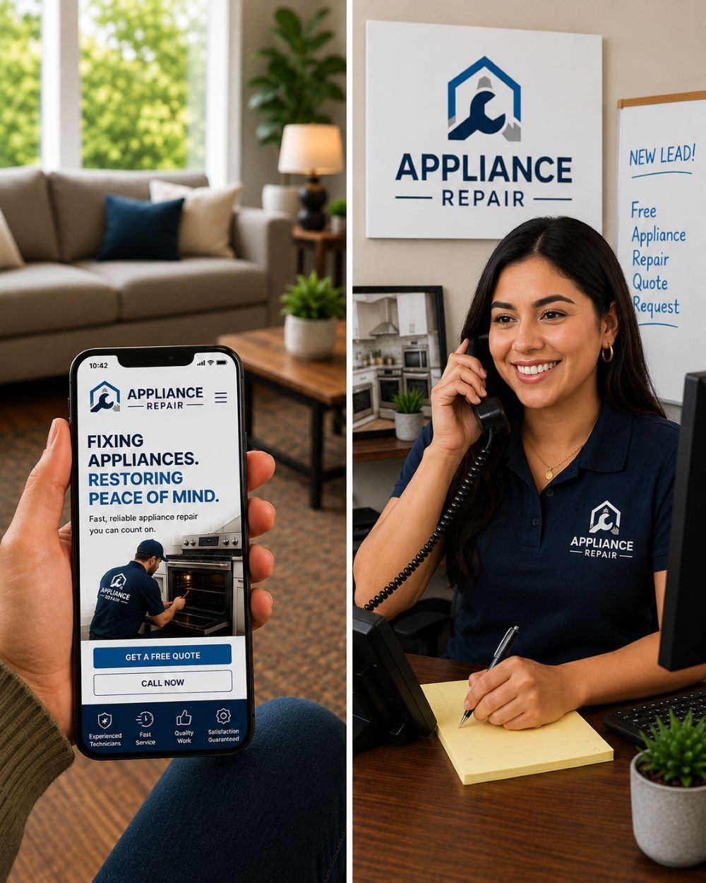 Image of a receptionist for an appliance repair company answering the phone