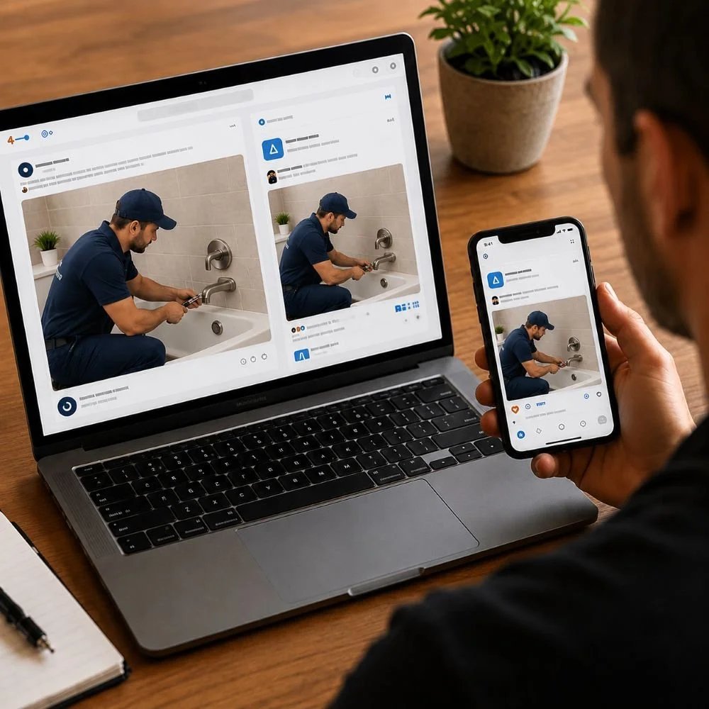 Image of a potential customer looking at a plumbing website
