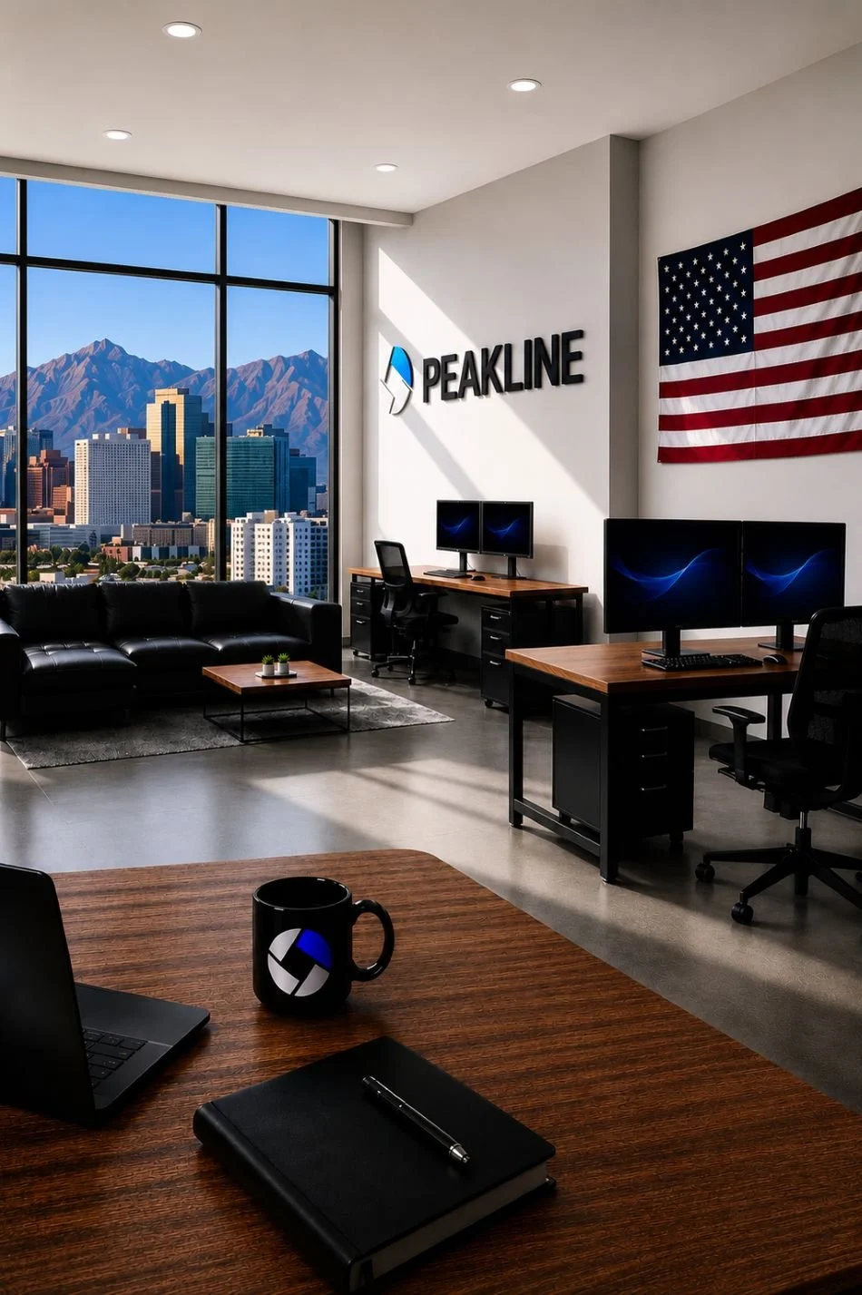 An image of an office with an American flag in it