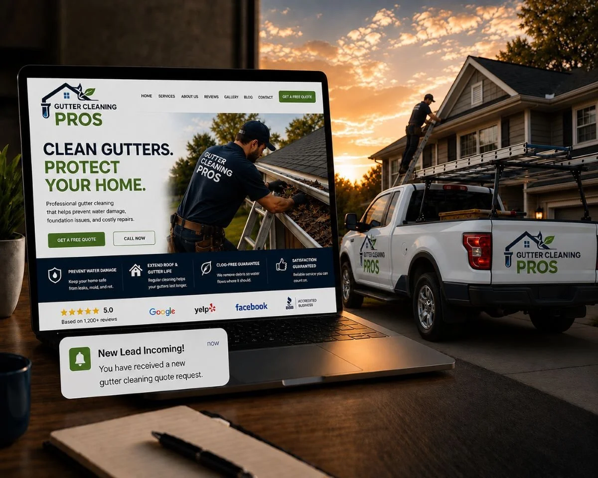 An image of a gutter service website next to a gutter cleaning truck