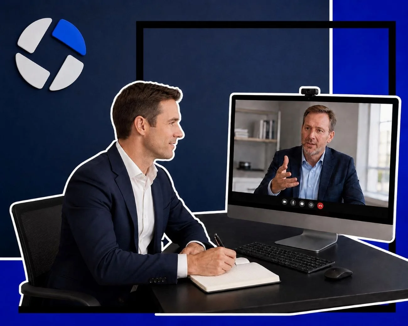 An image of a meeting between two people over video chat