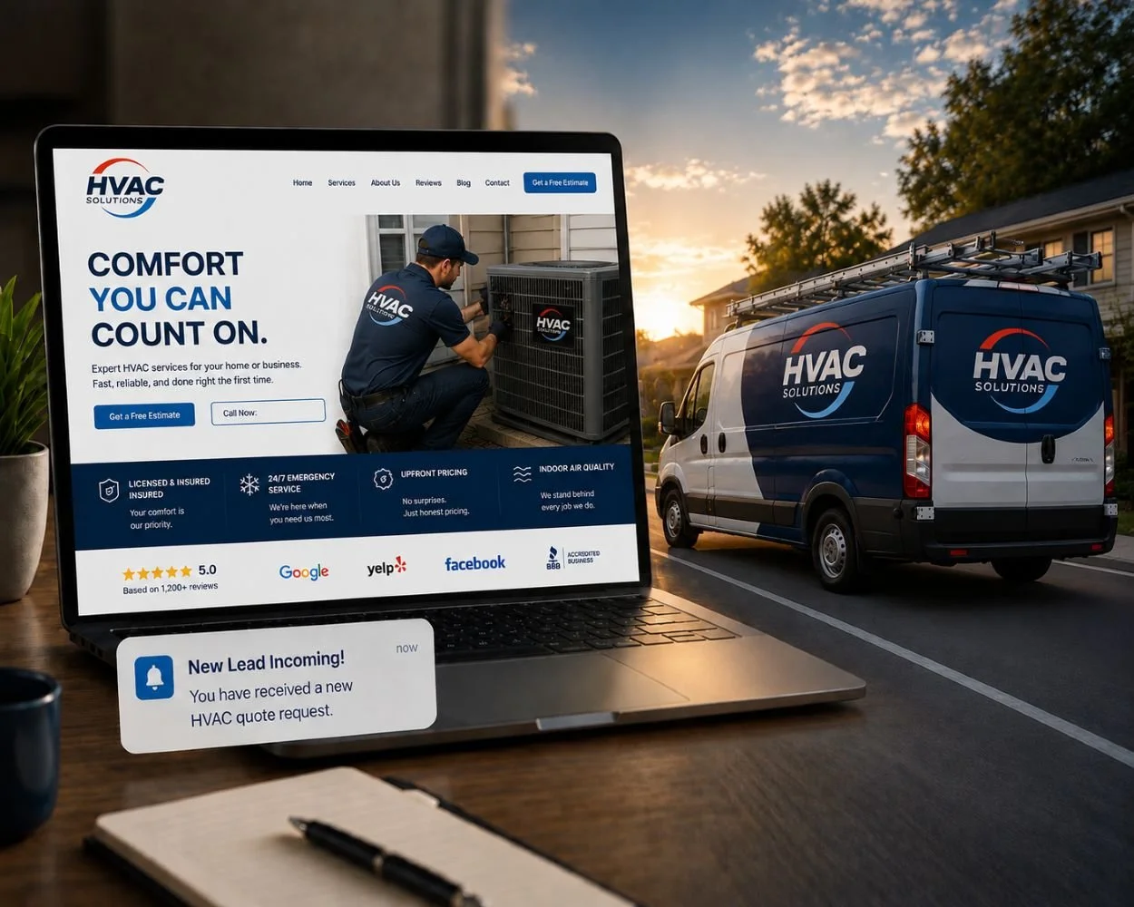 An image of a HVAC website next to an HVAC truck