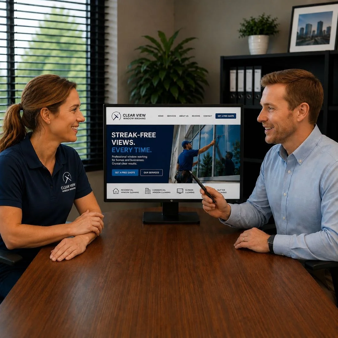 An image of a marketing meeting between a marketing company and a window washing business owner