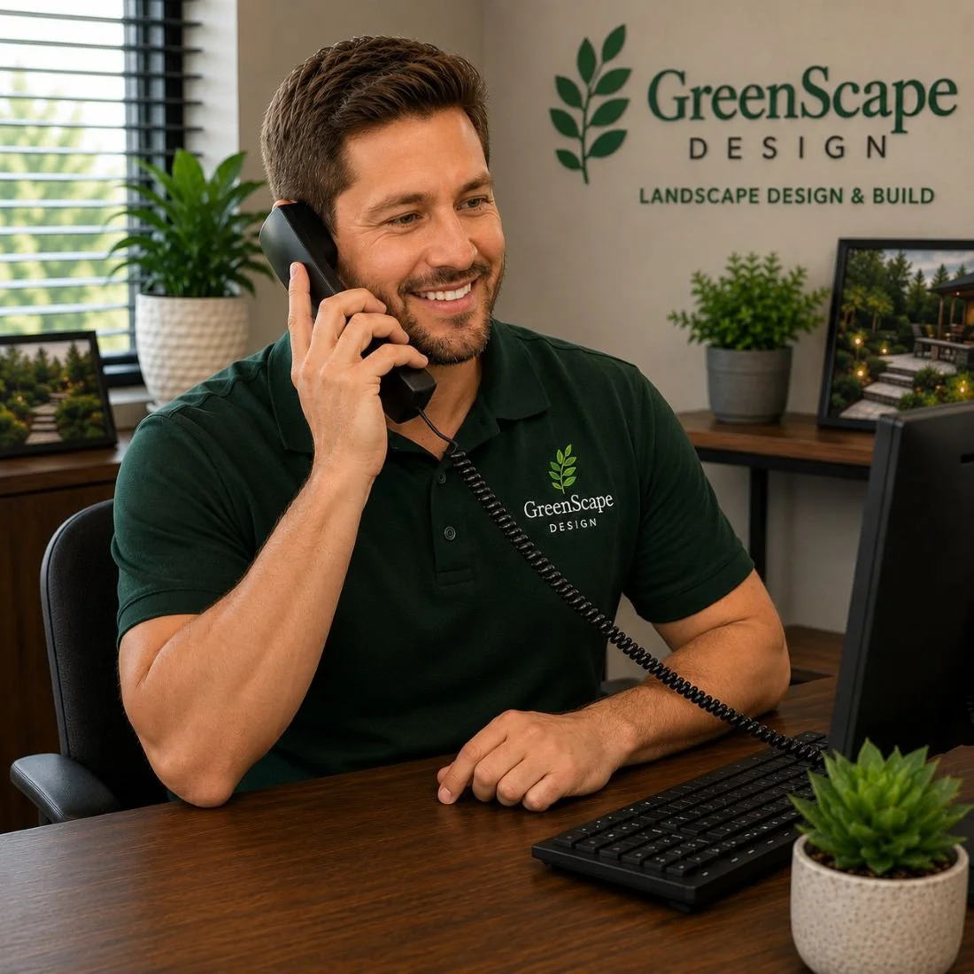 Image of a receptionist for a landscape design company answering the phone
