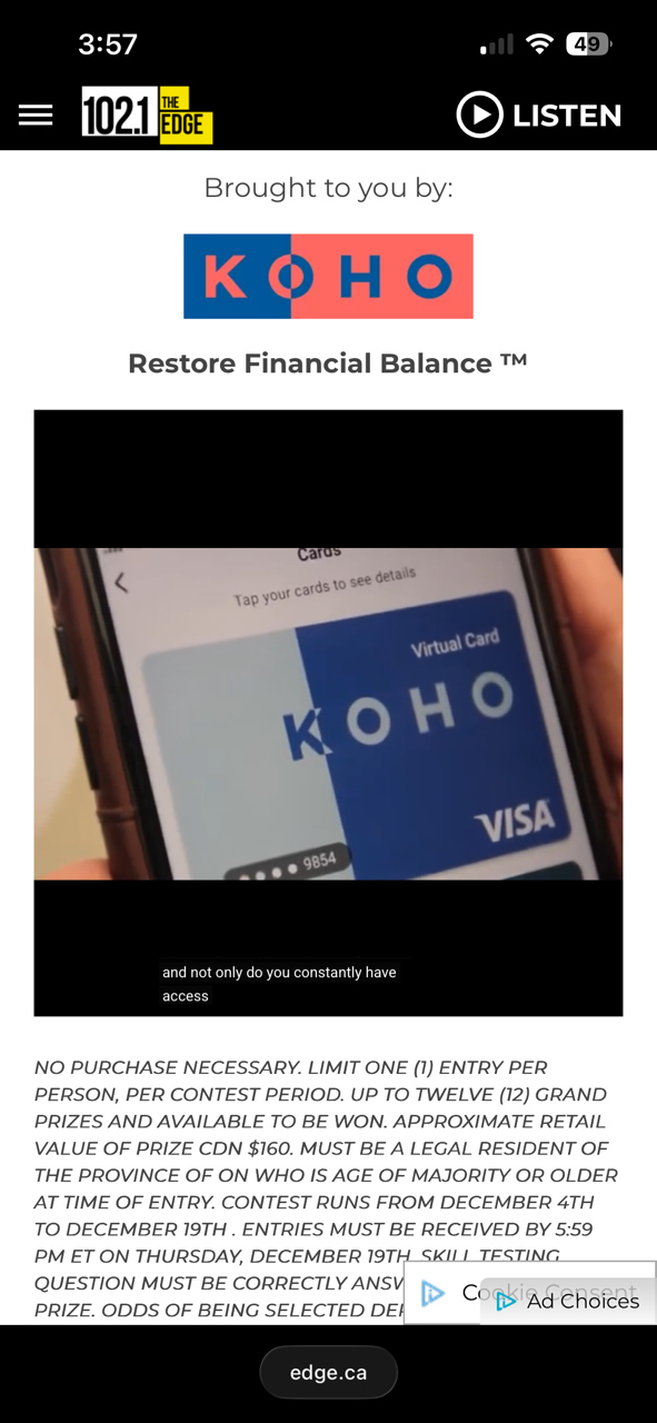 Screenshot of a mobile phone displaying a digital Koho Visa card with the logo and the words "Virtual Card." The page includes instructions for a contest, with terms and conditions, and the radio station logo 102.1 The Edge.
