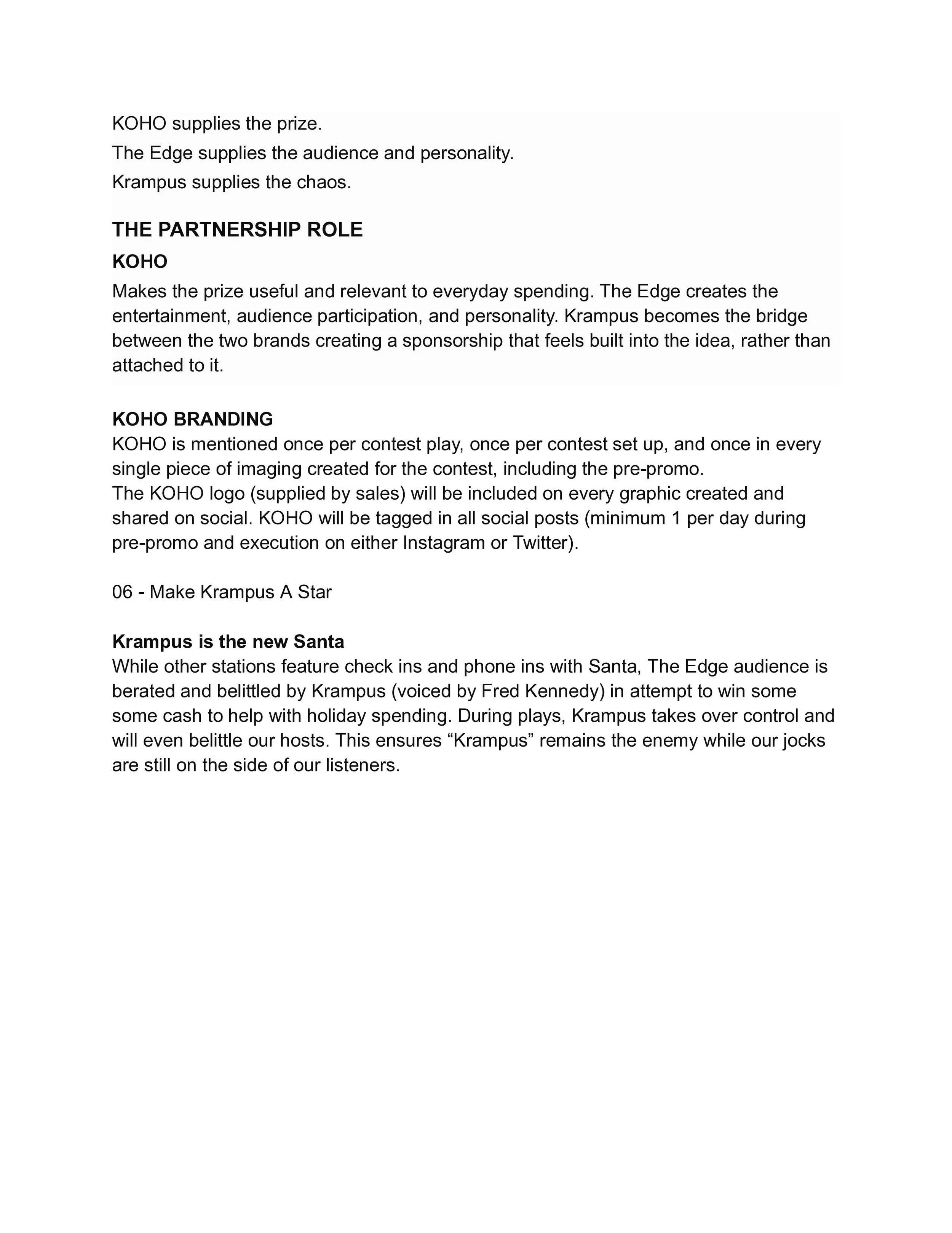 A page of text discussing brands and sponsorships, mentioning KOHO, The Edge, Krampus, and social media tags, with content related to a contest or event.