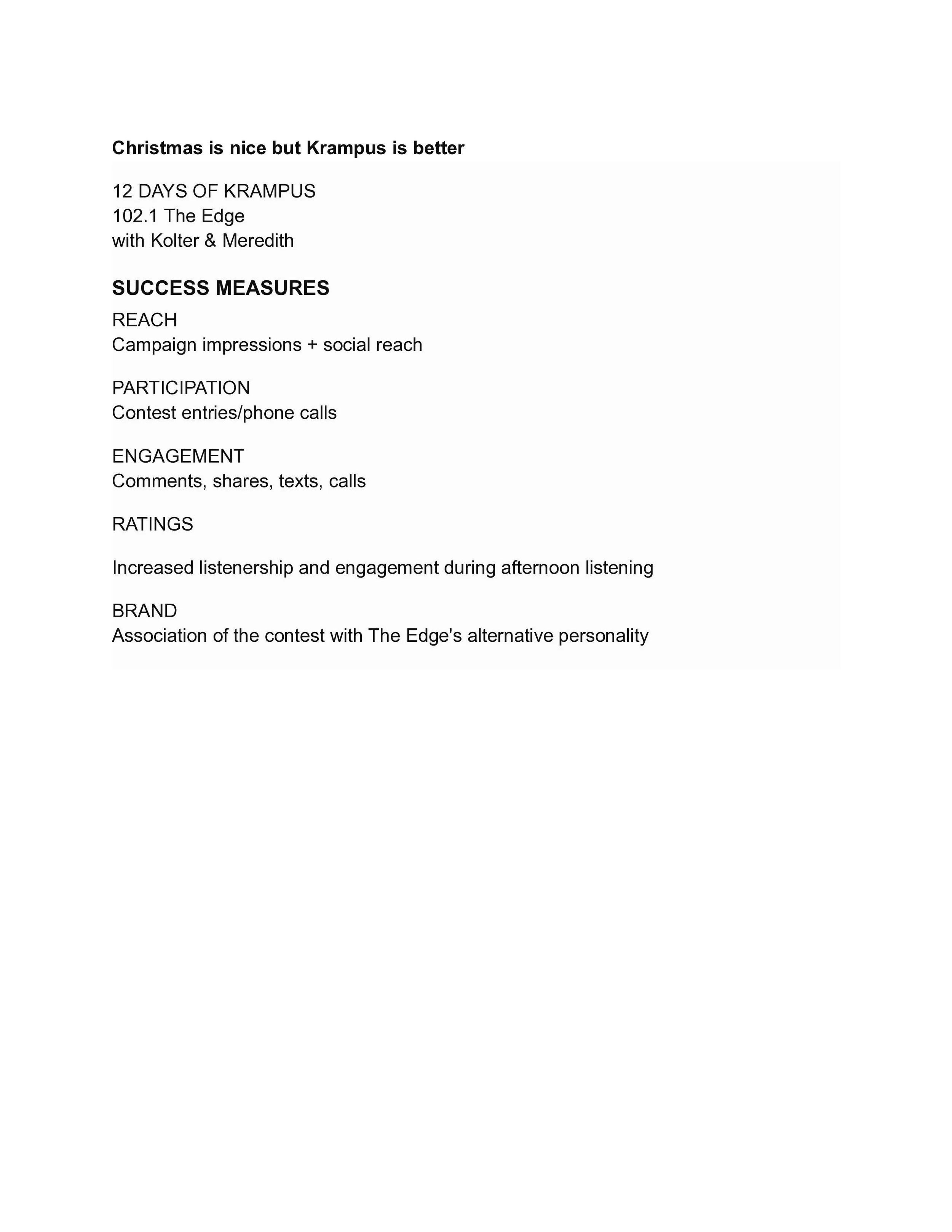 A document titled 'Christmas is nice but Krampus is better' with a list of points about a campaign for Krampus, including success measures, brand, and other details.