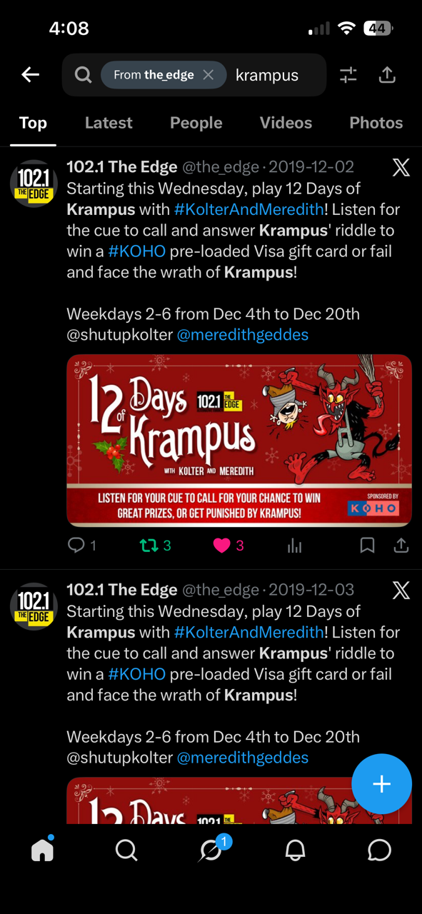 A Twitter feed showing posts about a 12 Days of Krampus promotion hosted by 102.1 The Edge, featuring a red graphic with holiday themed krampus characters, and instructions to call and answer a krampus riddle for prizes.