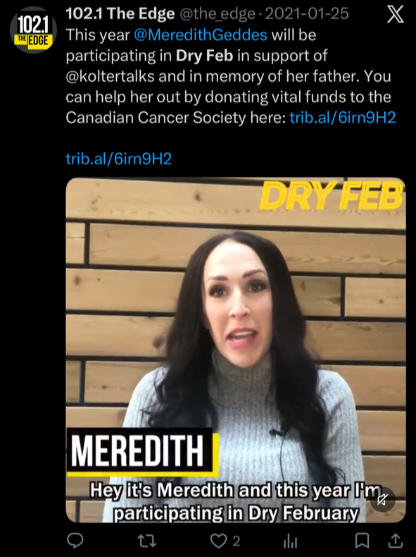 A woman with long dark hair wearing a gray turtleneck sweater speaking in front of a wooden wall, with the words "MEREDITH" and "DRY FEB" in yellow text on the image, and a tweet promoting her participation in Dry February for cancer support.