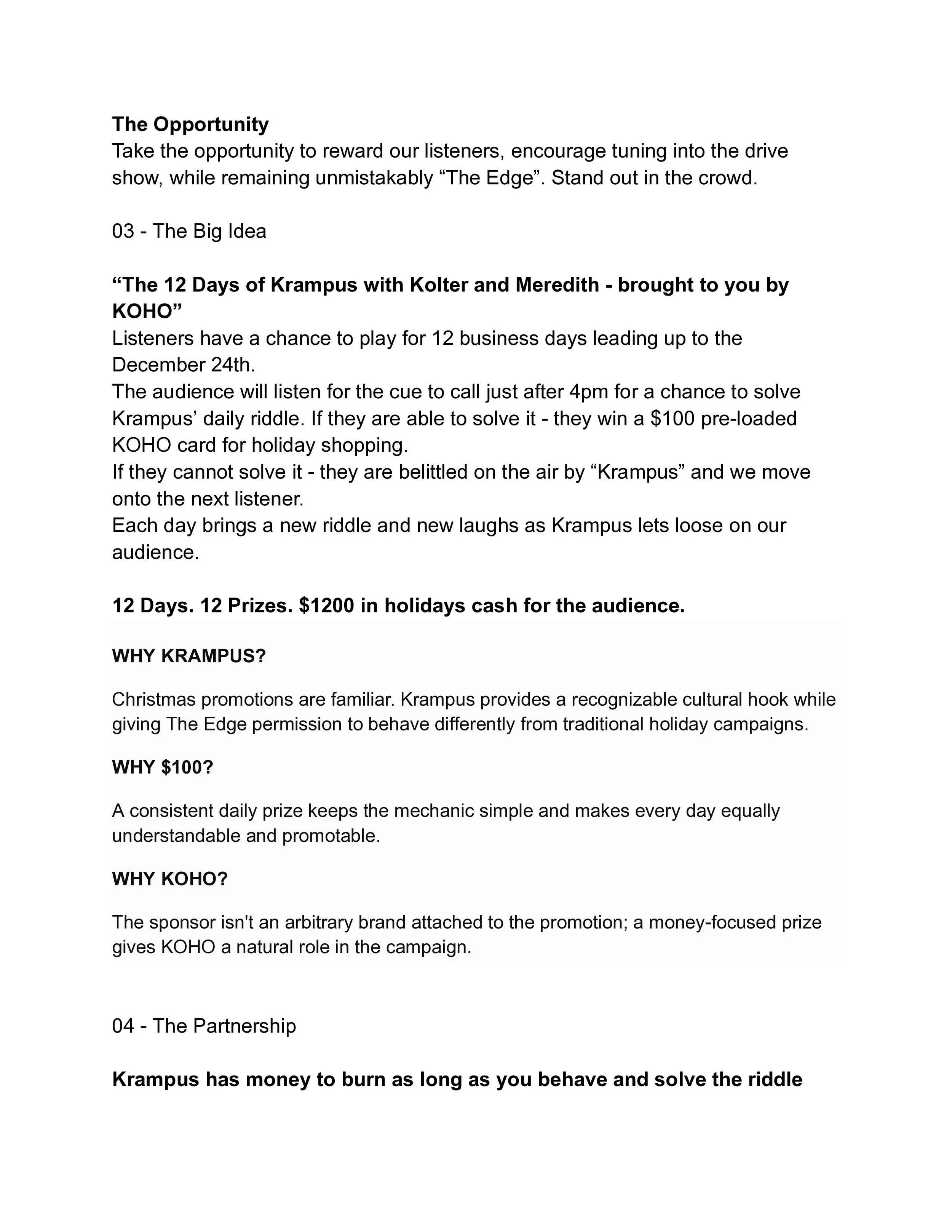 A page of text about a contest called 'The 12 Days of Krampus with Kolter and Meredith,' explaining the rules, prizes, and the cultural context of the event.