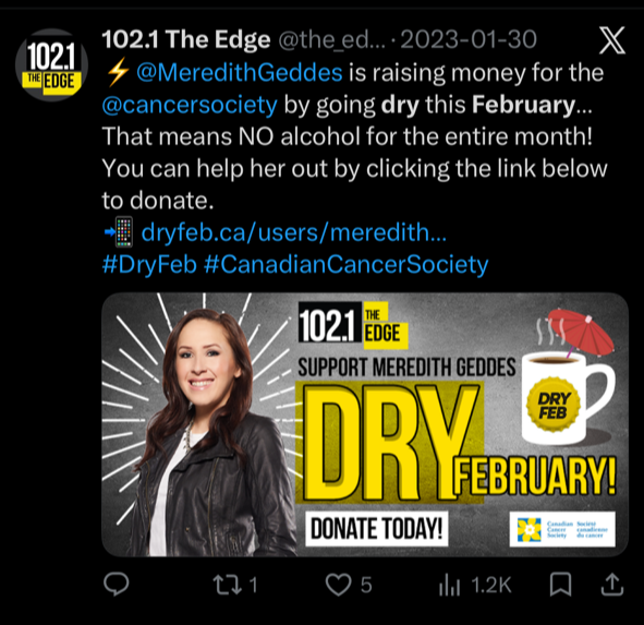 Social media post supporting Meredith Geddes for Canadian Cancer Society fundraising, promoting a dry February event with a smiling woman, logo, and bold text emphasizing dry February and donation call.