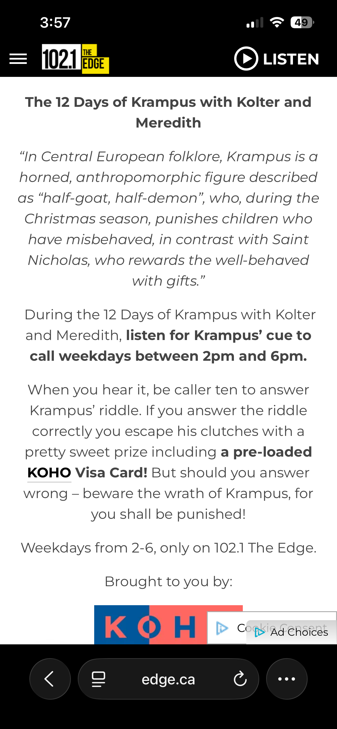 Screenshot of a radio station website promoting a game called the 12 Days of Krampus, featuring information about the legend of Krampus, instructions for calling in to participate, and details about prizes including a pre-loaded KOHO Visa Card. The w