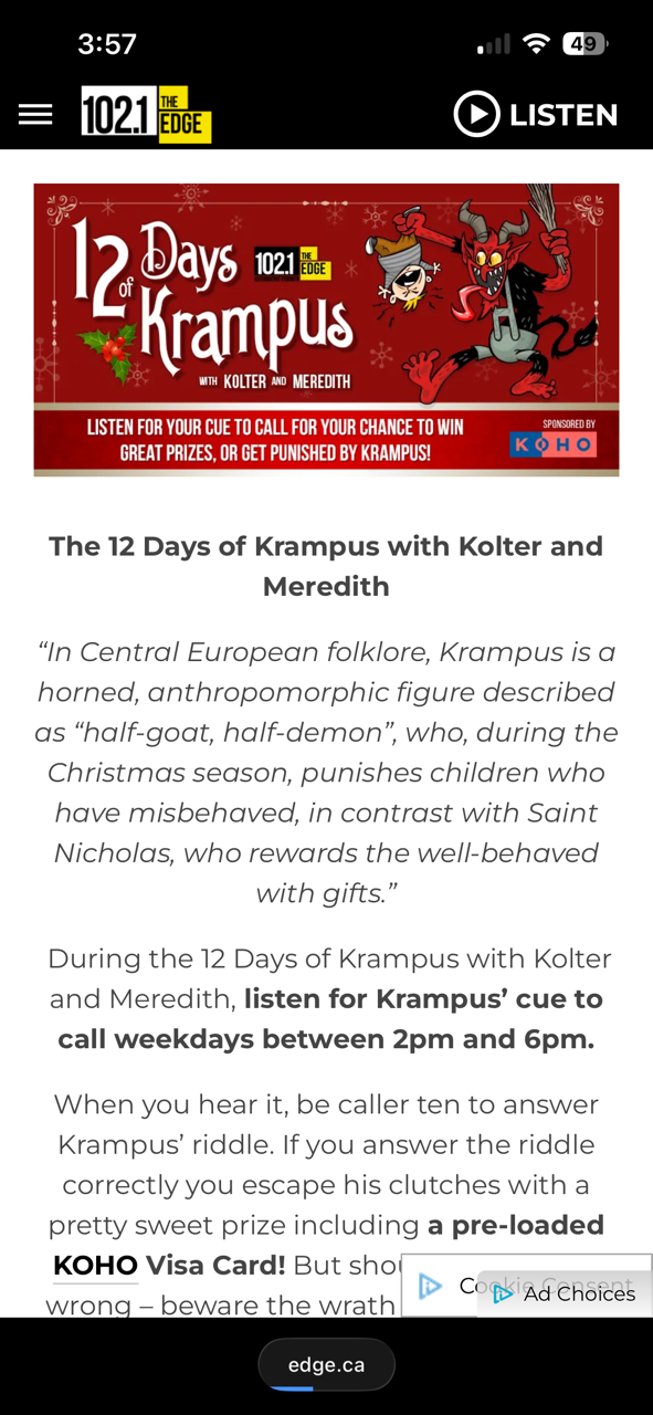 Promotional webpage for the 12 Days of Krampus contest hosted by 102.1 The Edge radio station, featuring a cartoon Krampus and children, with contest instructions and sponsor information.