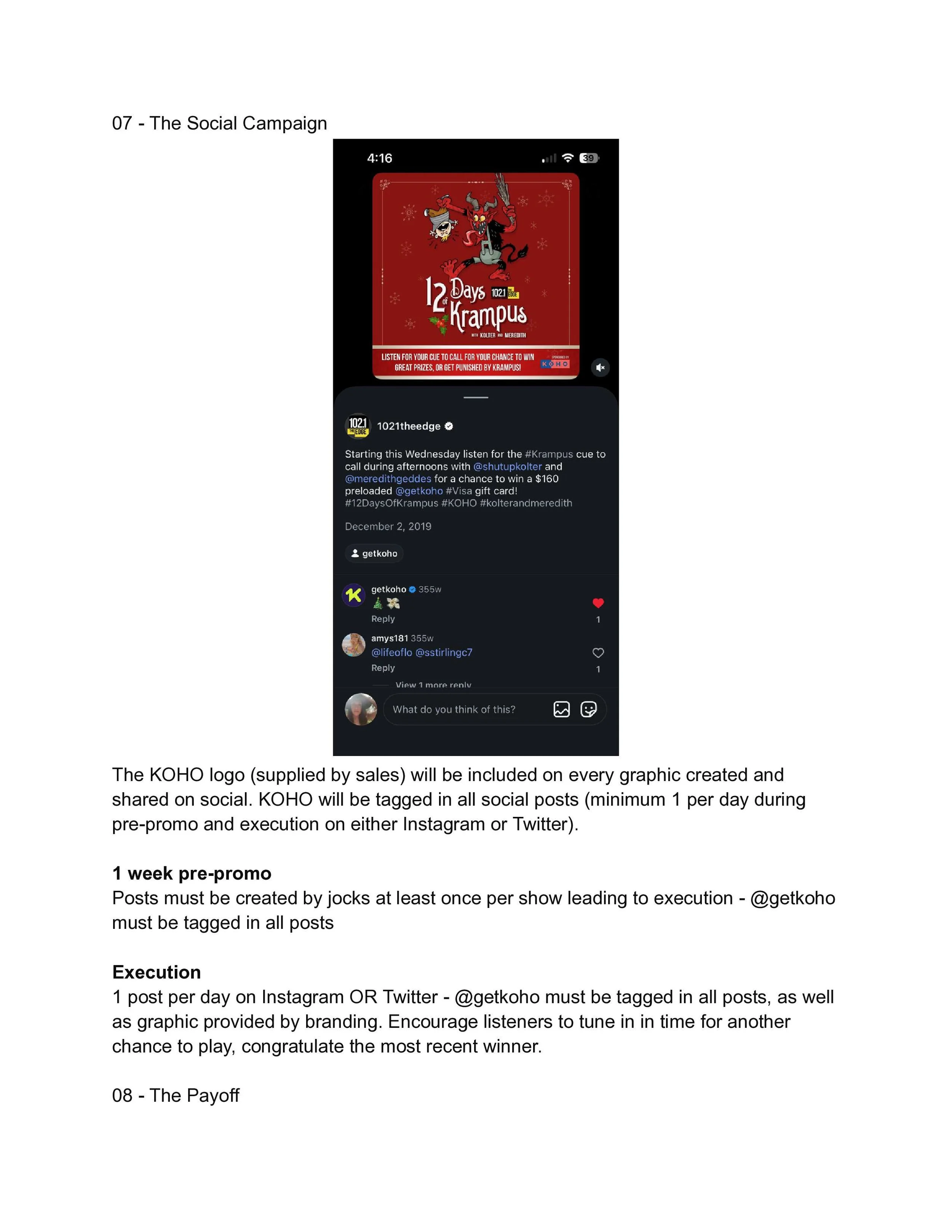 A promotional graphic for a radio show campaign titled '12 Days of Krampus' featuring a red background with an illustration of Krampus, a horned monster with a switch, and a smaller creature with a blindfold. The graphic contains instructions for lis