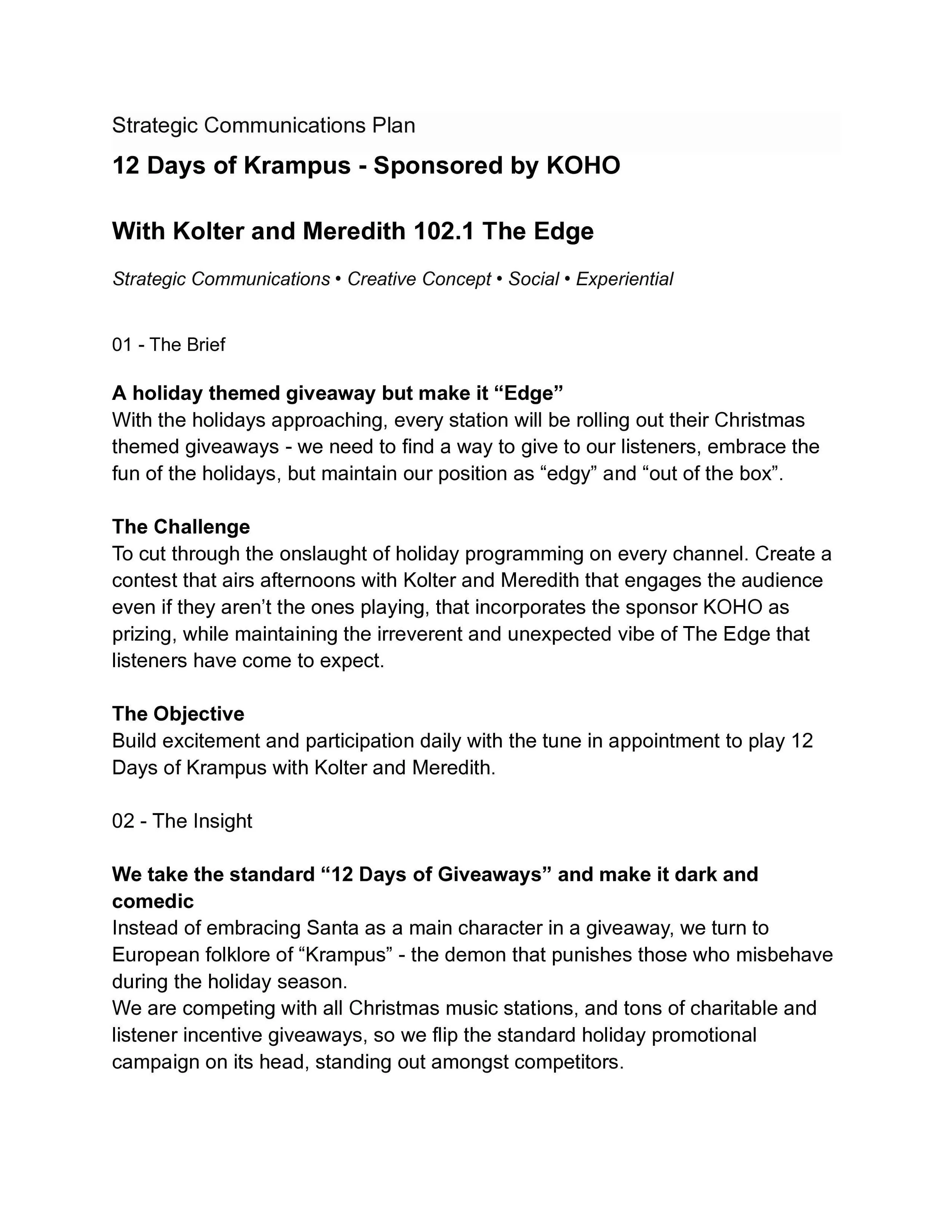 Document titled 'Strategic Communications Plan' for '12 Days of Krampus' sponsored by KOHO, with topics including a holiday-themed giveaway, the challenge of holiday programming, and a discussion on European folklore of Krampus.