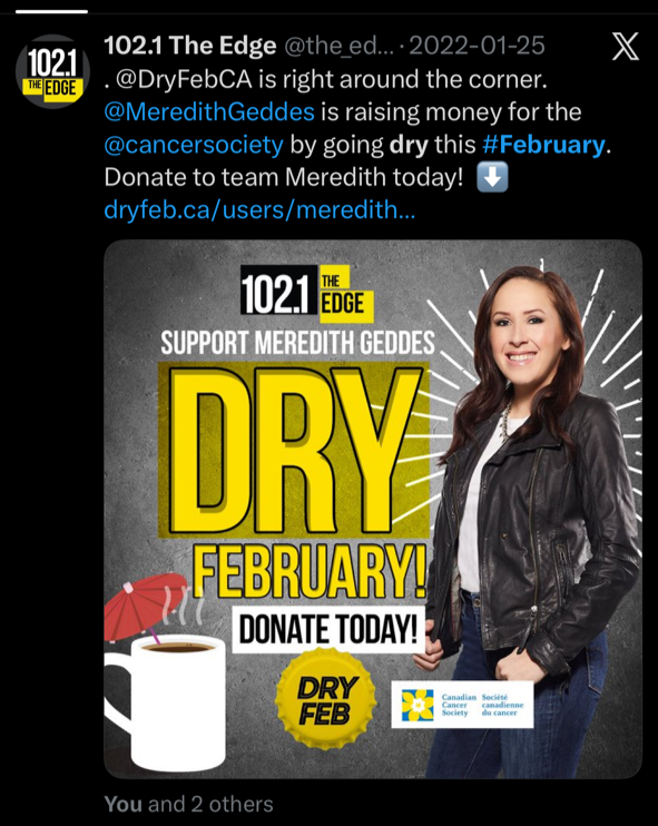 Promotional graphic from 102.1 The Edge radio station supporting Meredith Geddes in raising money for the Canadian Cancer Society for dry February. Features a smiling woman in a leather jacket, a coffee mug with an umbrella, and bold text highlighting dry February and donation encouragement.