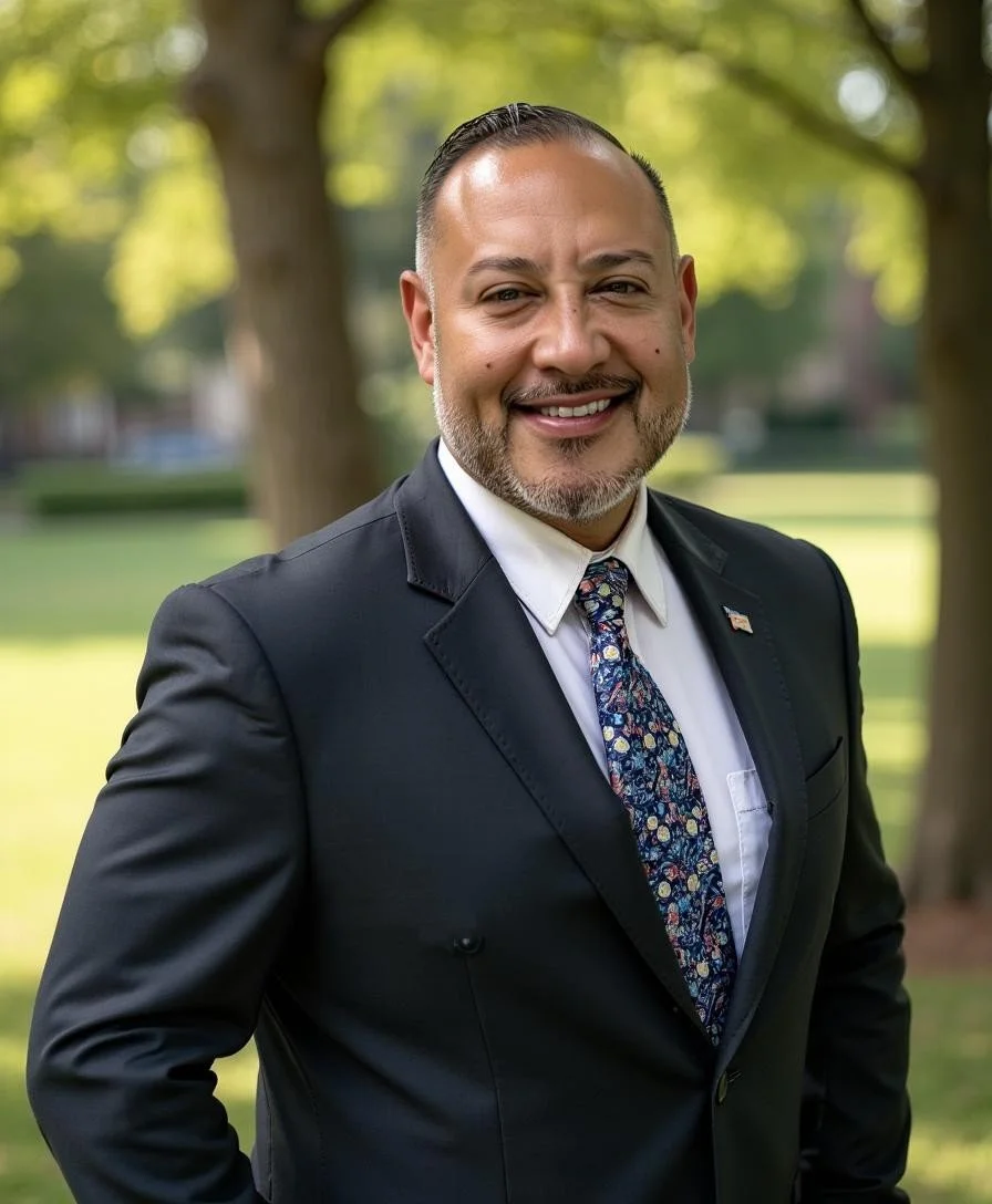 A smiling man in a black suit and floral tie standing outdoors in a park with green trees and grass in the background.