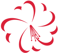 A stylized red and white hibiscus flower with flowing lines.