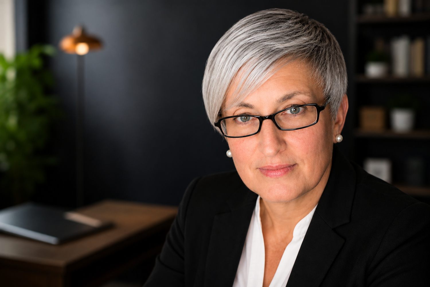A professional woman with short gray hair and glasses, wearing a black blazer and white blouse, sitting in an office with a dark wall, bookshelf, and desk in the background.