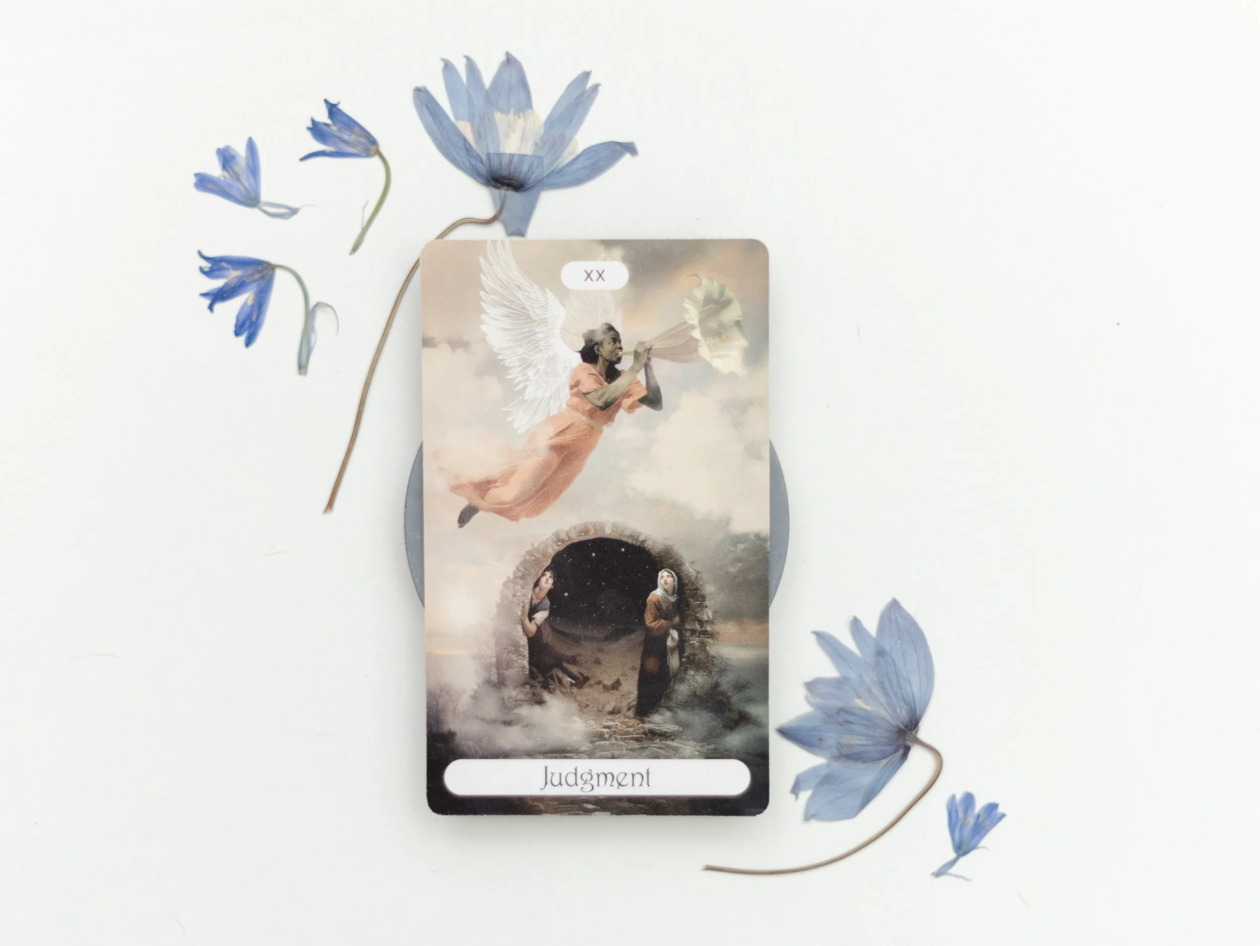 A tarot card labeled 'Judgment' with an artistic depiction of two women, one calling from a tunnel and the other in front of a landscape, and angel wings in the background. Blue flowers and petals are scattered around the card on a white surface.