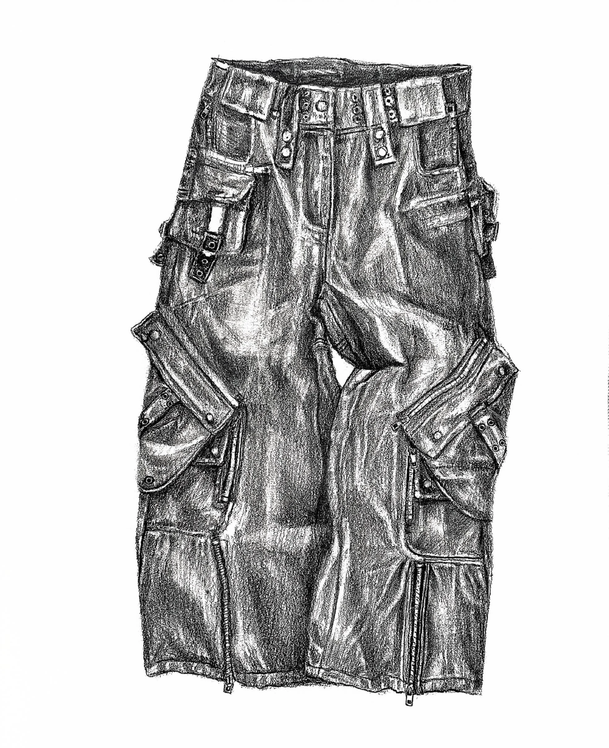 Black and white sketch of a pair of distressed cargo denim pant with multiple pockets and button details.