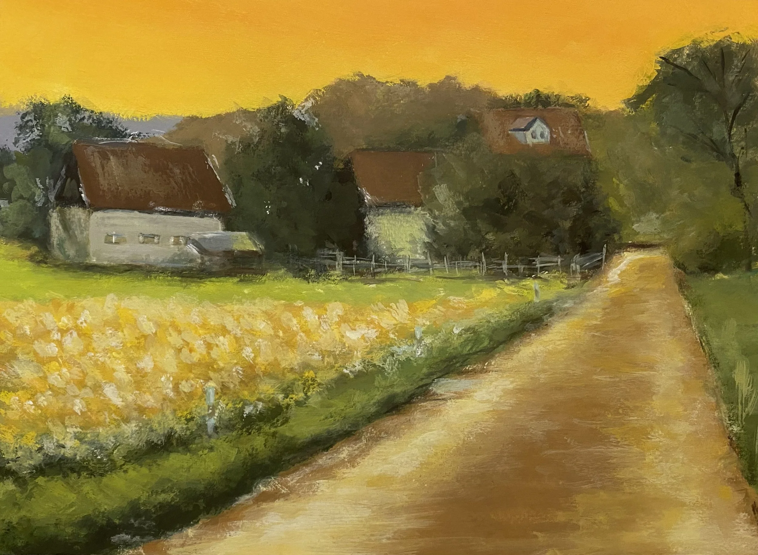 A landscape painting depicting a countryside scene with trees, houses, a fence, and a path under a yellow sky.